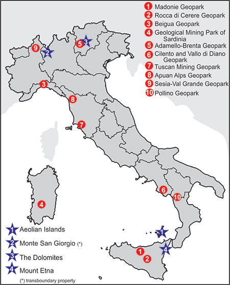 Mappa dei Geoparchi italiani